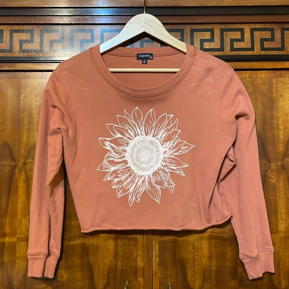 Originality Juniors M Pink Sunflower Crop Top Long Sleeve Cotton Made USA - Picture 4 of 13